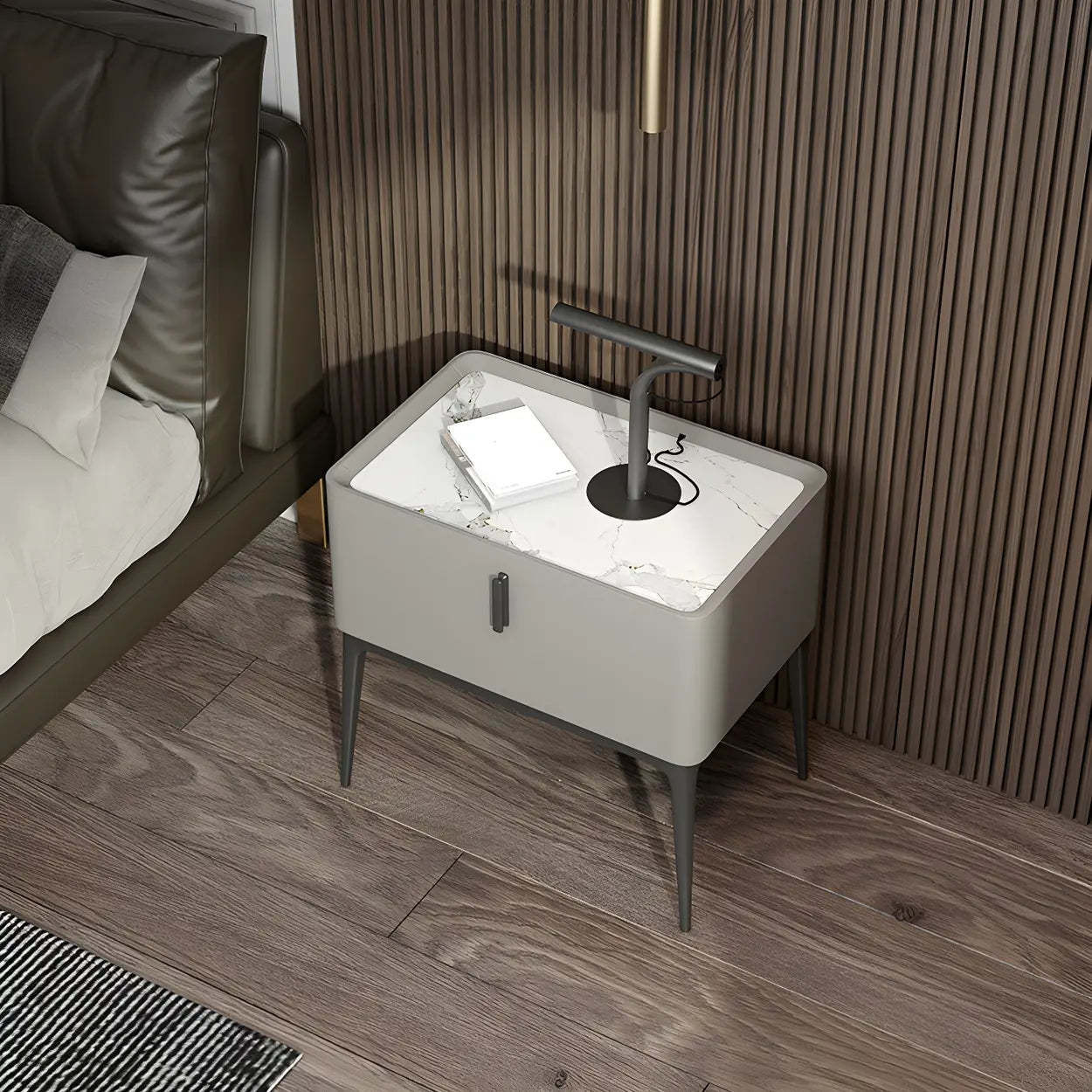 Modern Square Beige Marble Top Nightstand with Drawer — Light Gray / Stone