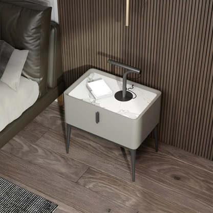 Modern Square Beige Marble Top Nightstand with Drawer — Light Gray / Stone