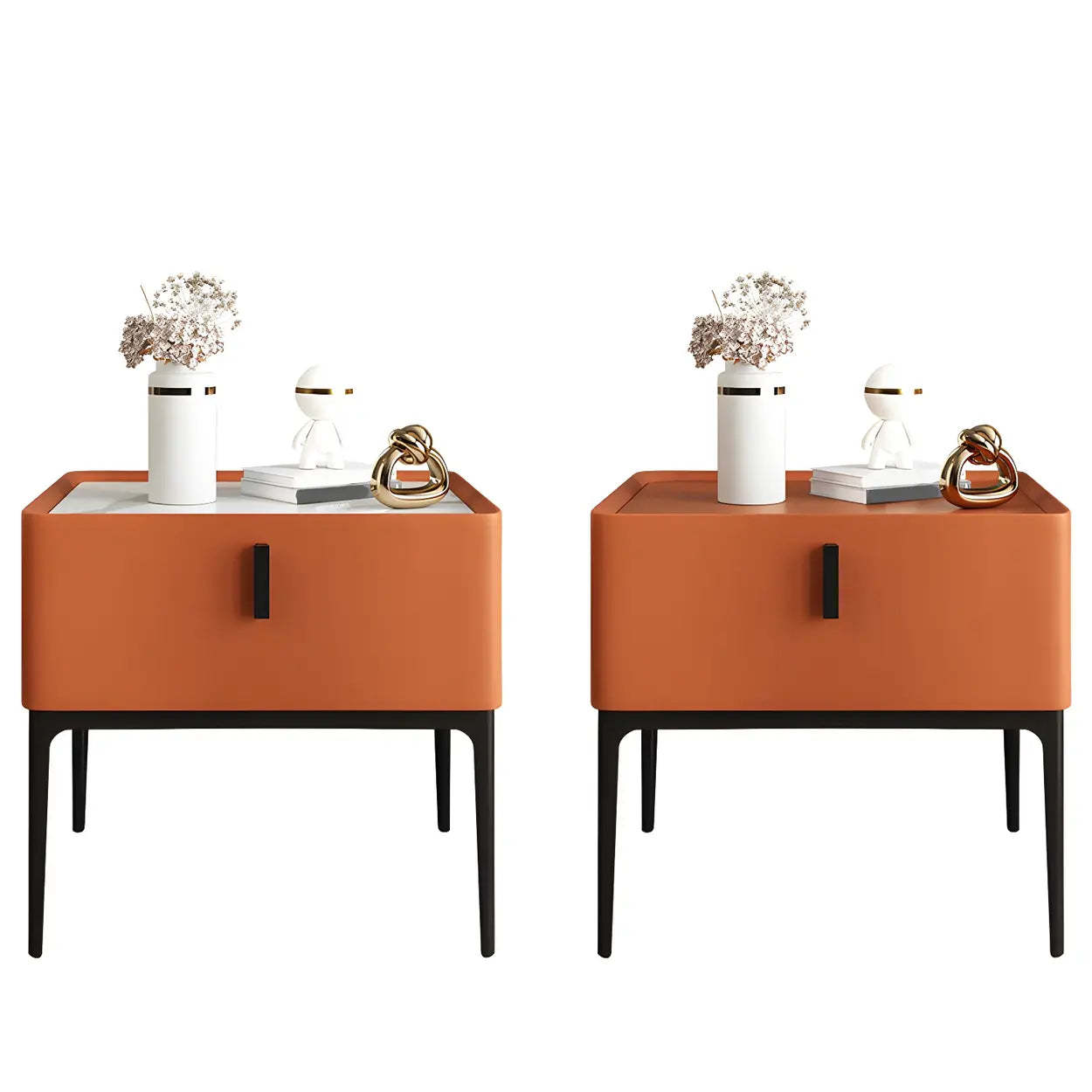 Modern Square Beige Marble Top Nightstand with Drawer