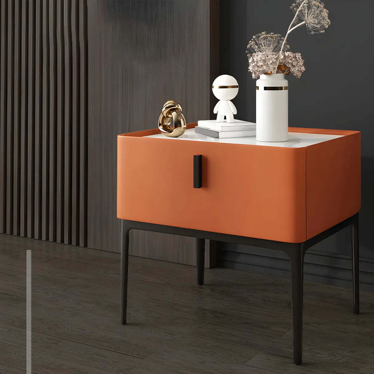Modern Square Beige Marble Top Nightstand with Drawer