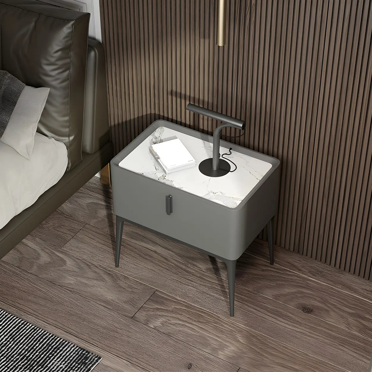 Modern Square Beige Marble Top Nightstand with Drawer