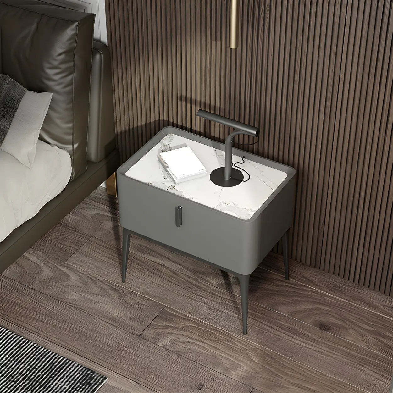 Modern Square Beige Marble Top Nightstand with Drawer