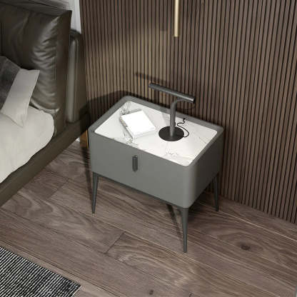 Modern Square Beige Marble Top Nightstand with Drawer