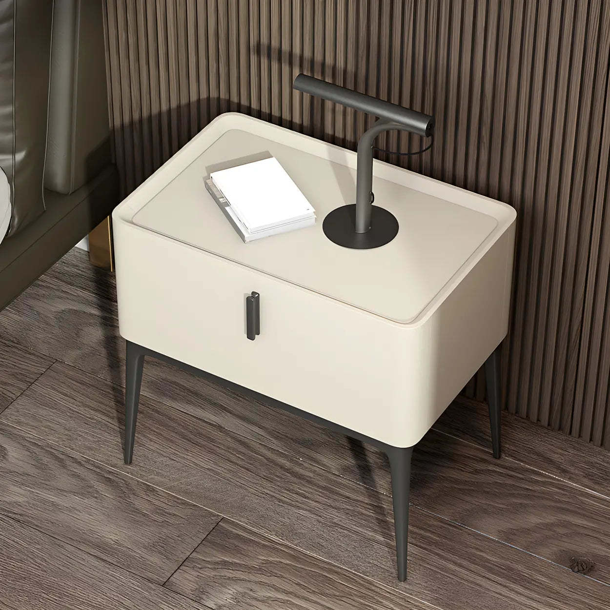 Modern Square Beige Marble Top Nightstand with Drawer