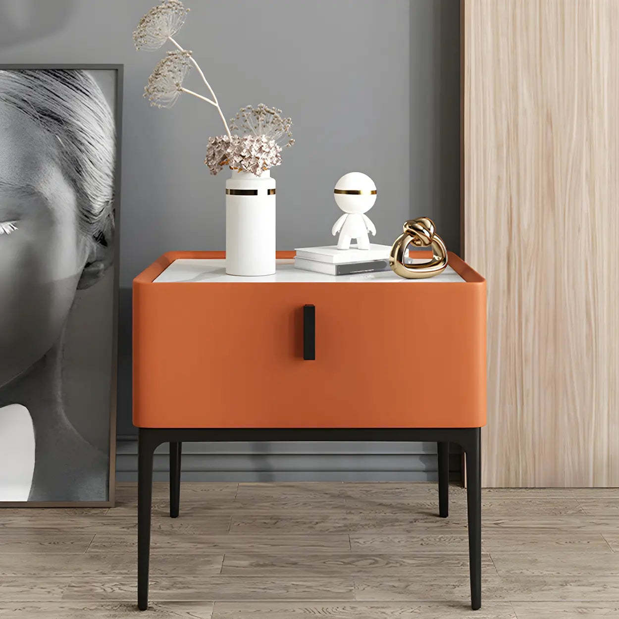 Modern Square Beige Marble Top Nightstand with Drawer