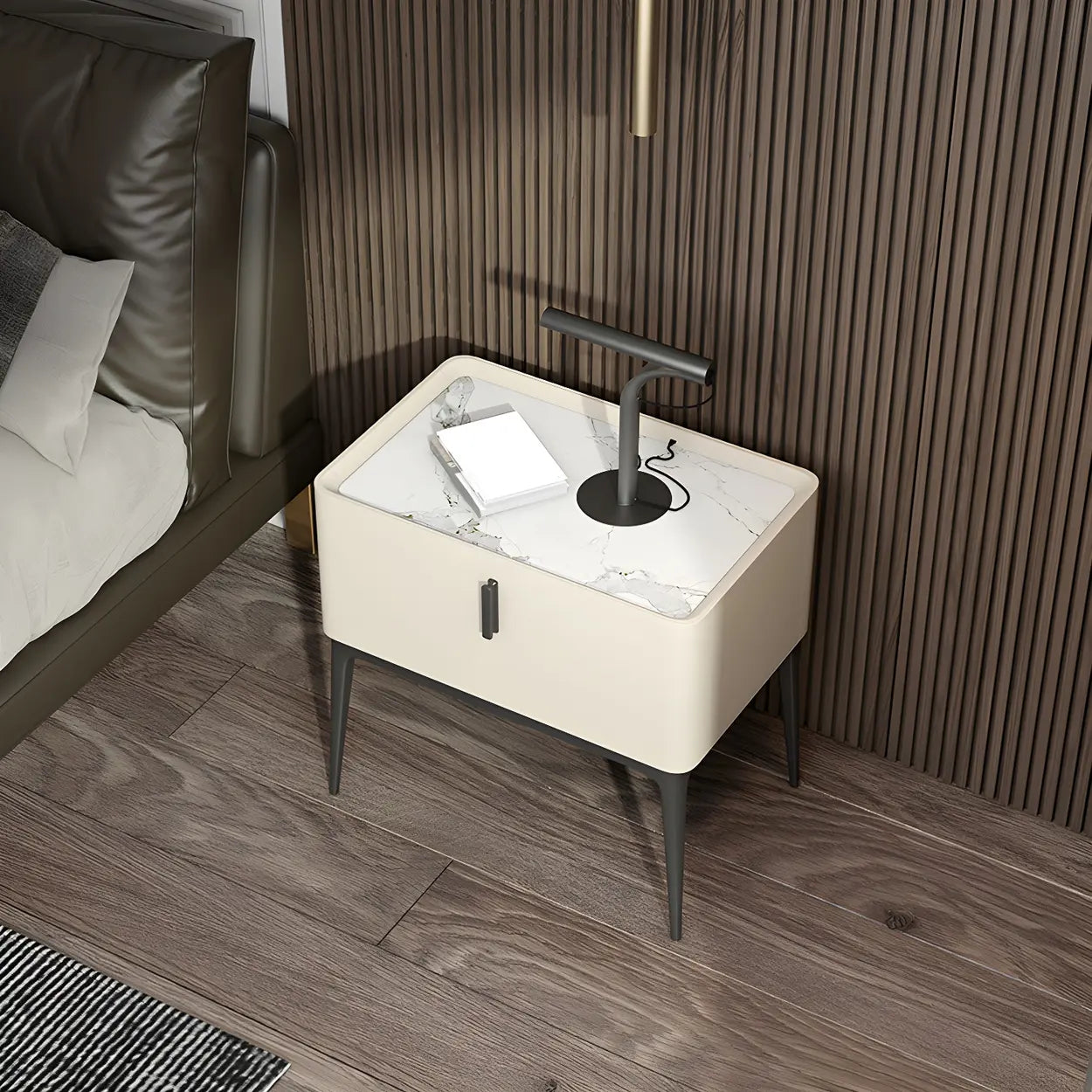 Modern Square Beige Marble Top Nightstand with Drawer