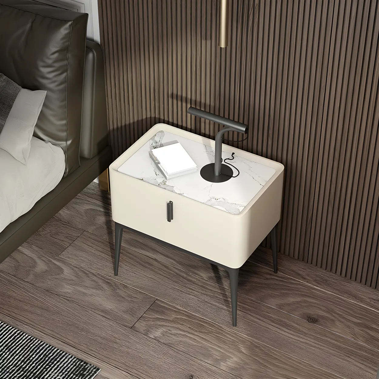 Modern Square Beige Marble Top Nightstand with Drawer