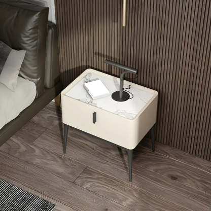 Modern Square Beige Marble Top Nightstand with Drawer