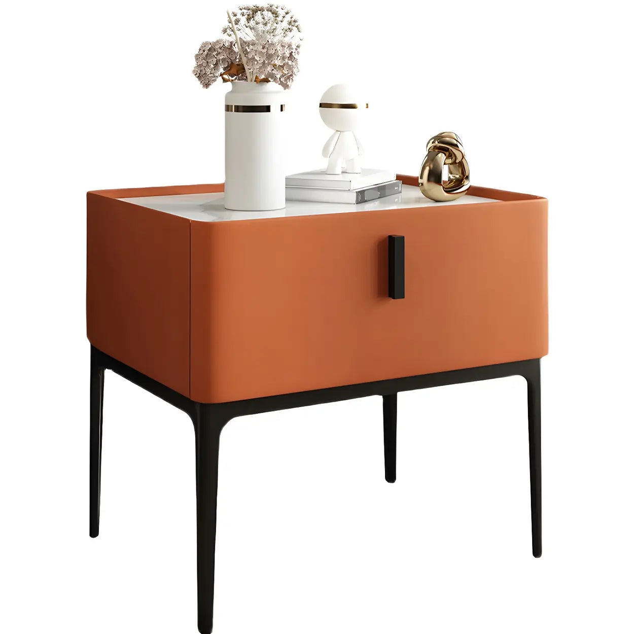 Modern Square Beige Marble Top Nightstand with Drawer