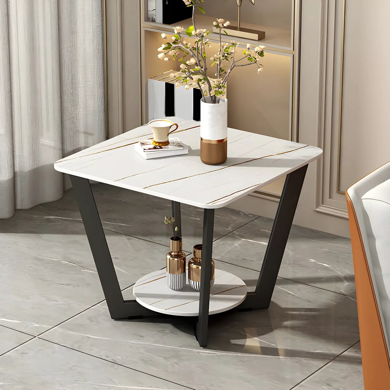 Square White Marble Cross-Leg End Table with Shelf