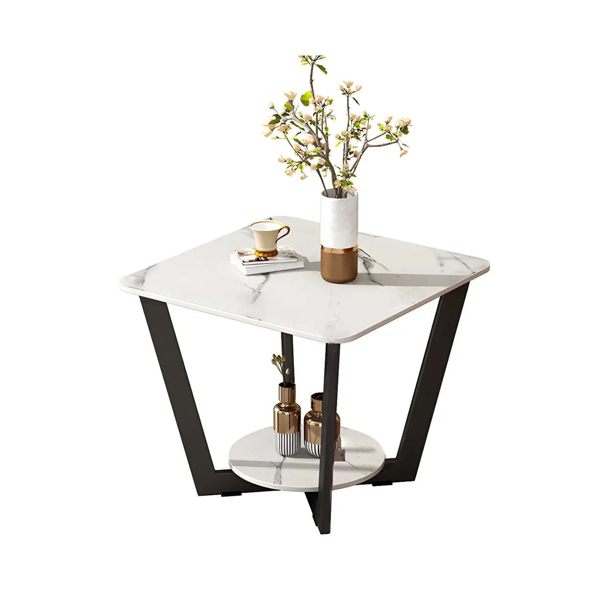 Square White Marble Cross-Leg End Table with Shelf — Gloss White / 2