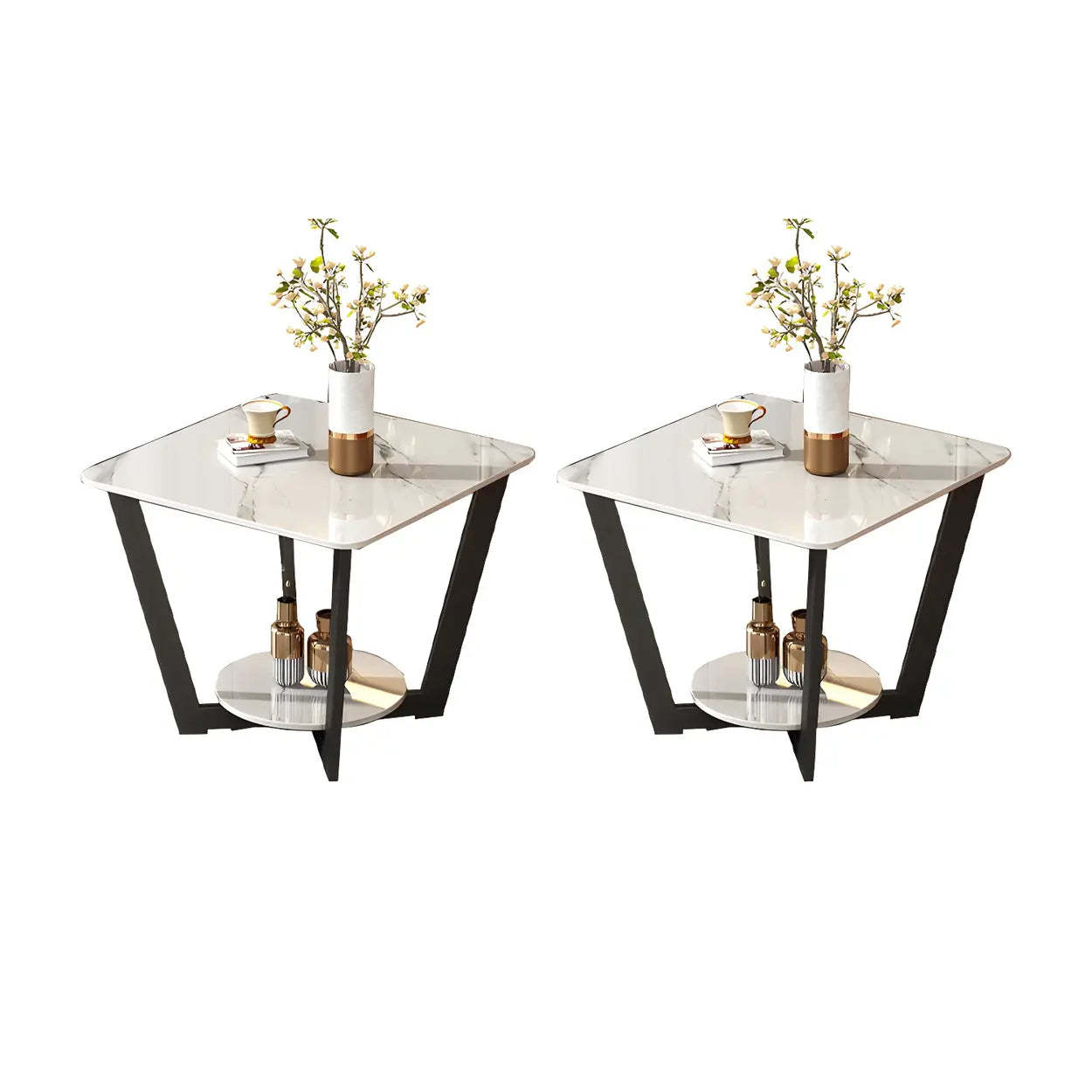 Square White Marble Cross-Leg End Table with Shelf — White/ Grey / 1