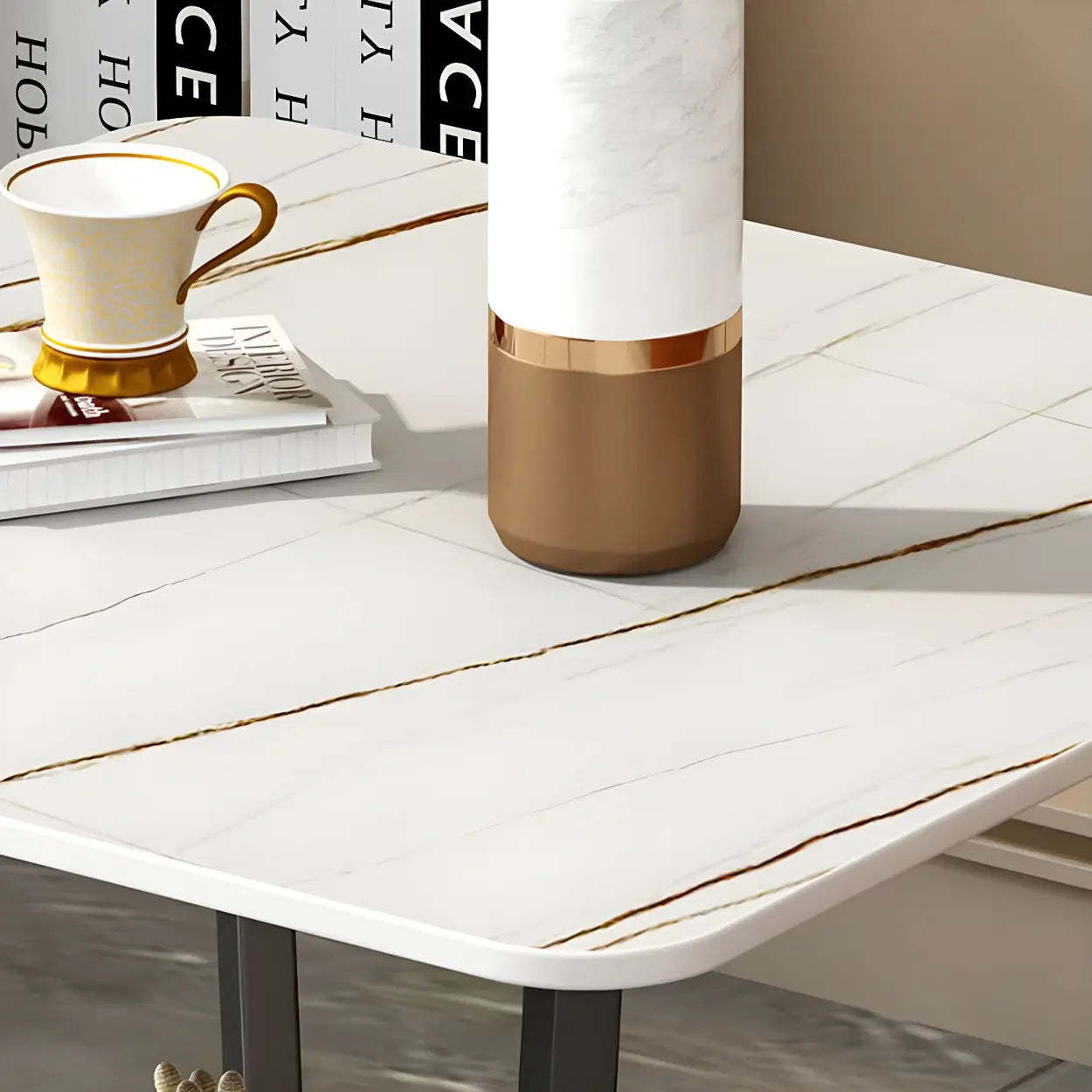 Square White Marble Cross-Leg End Table with Shelf — White/ Grey / 2