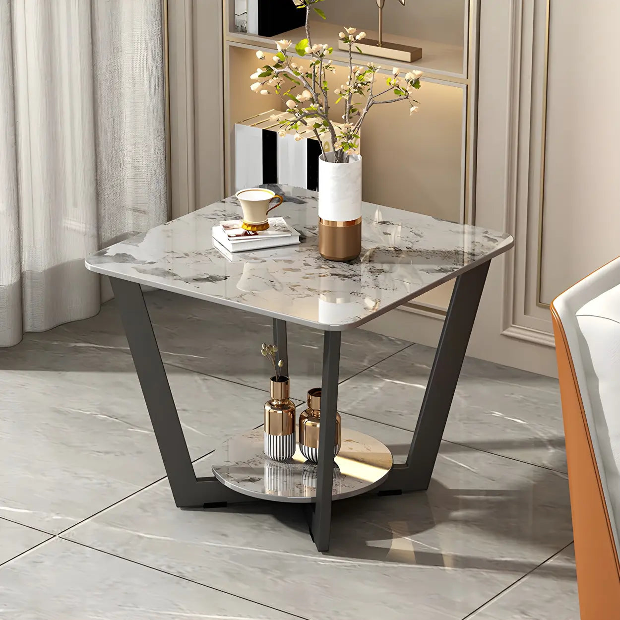 Square White Marble Cross-Leg End Table with Shelf — Gray / 1