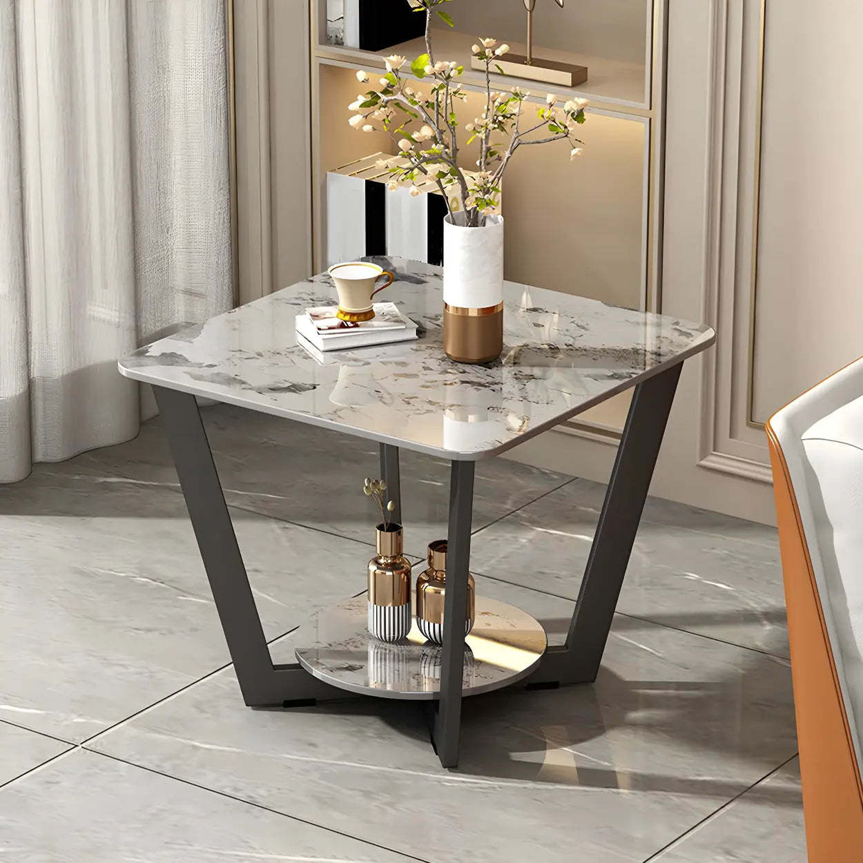 Square White Marble Cross-Leg End Table with Shelf — Gray / 1