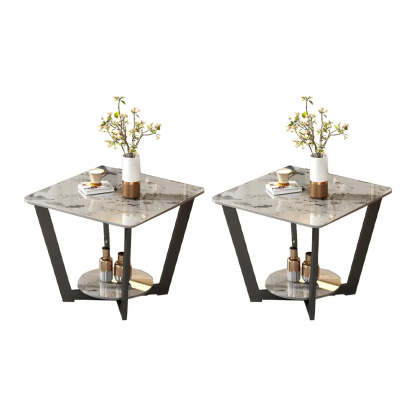 Square White Marble Cross-Leg End Table with Shelf — White / 1