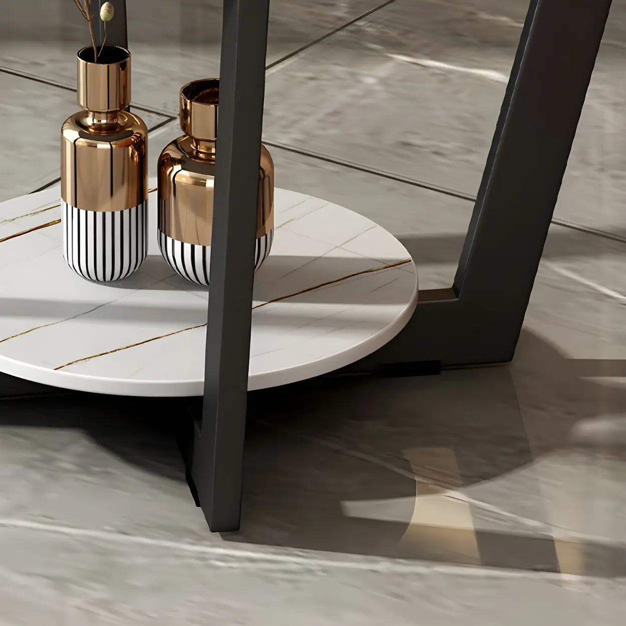 Square White Marble Cross-Leg End Table with Shelf — White / 2