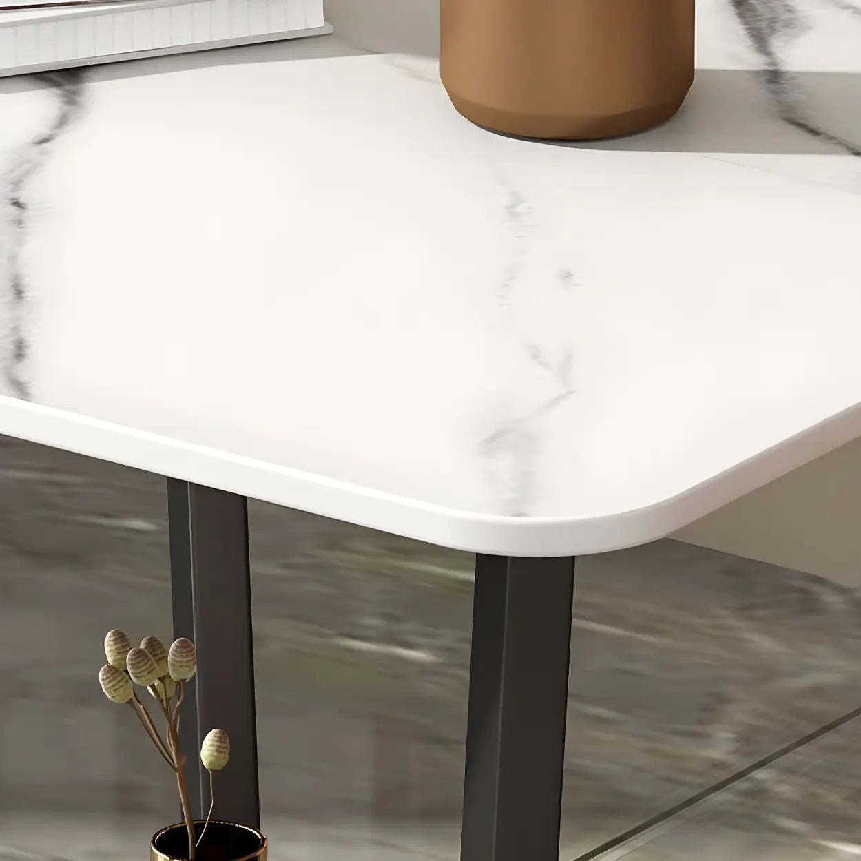 Square White Marble Cross-Leg End Table with Shelf — White/ Gold / 1