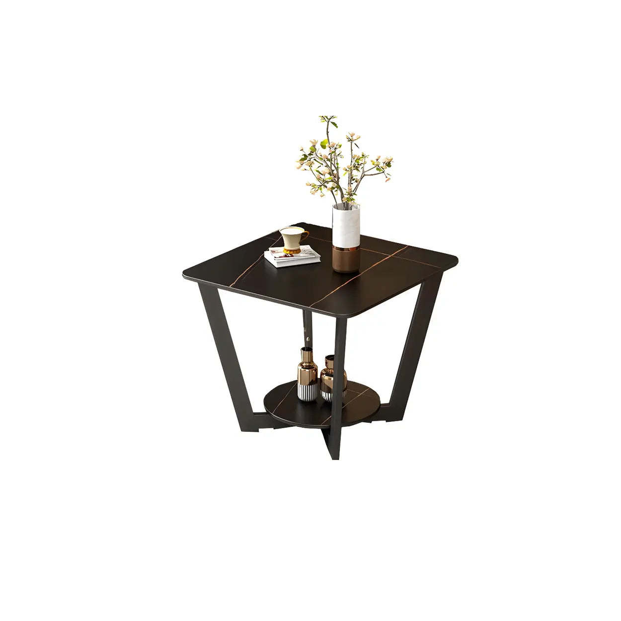 Square White Marble Cross-Leg End Table with Shelf — White/ Gold / 2