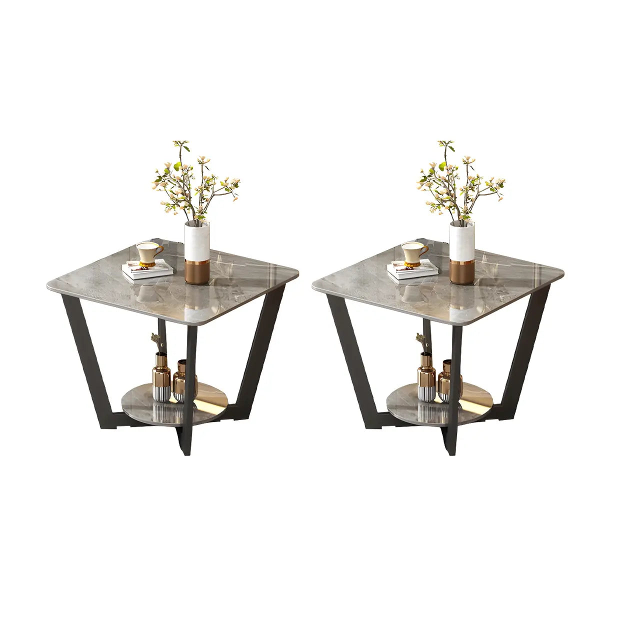 Square White Marble Cross-Leg End Table with Shelf — Gray / 2