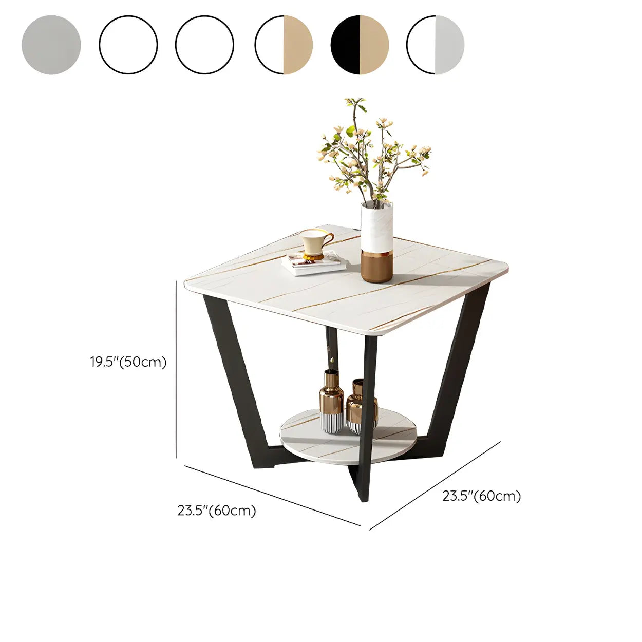 Square White Marble Cross-Leg End Table with Shelf — Black/ Gold / 2