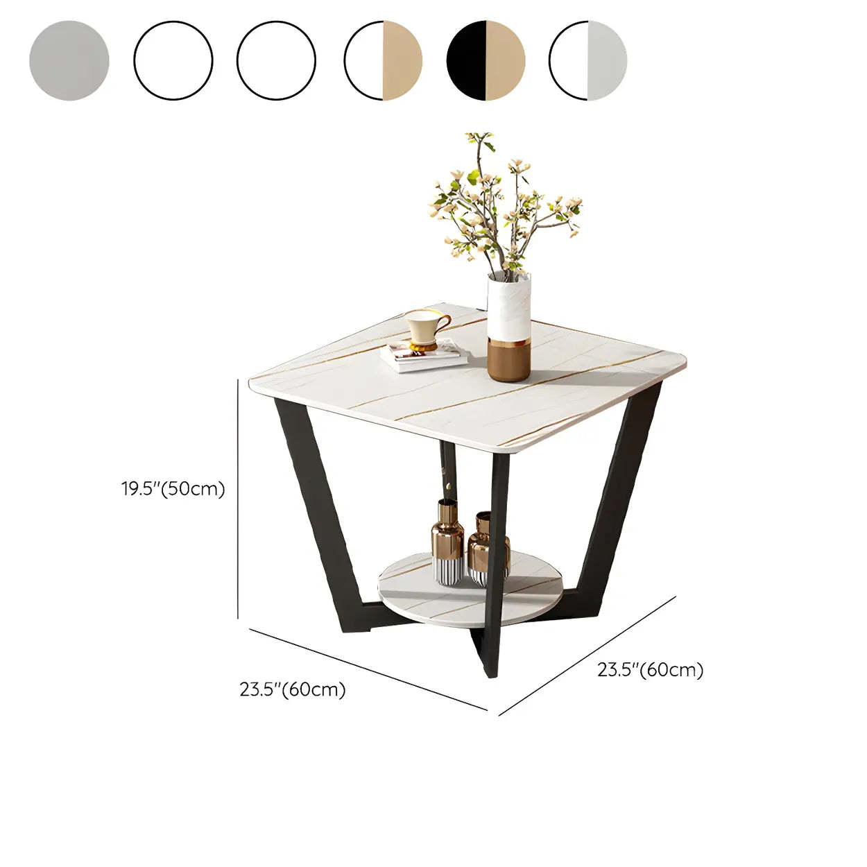 Square White Marble Cross-Leg End Table with Shelf — Black/ Gold / 2