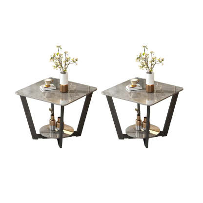 Square White Marble Cross-Leg End Table with Shelf — Gray / 2