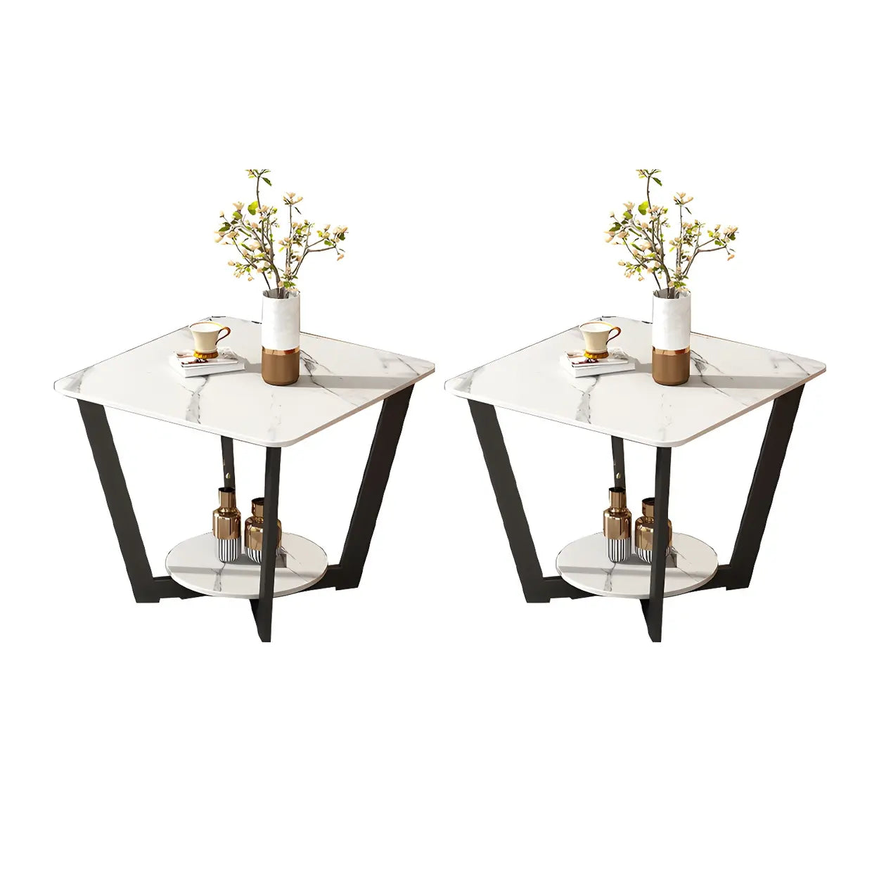 Square White Marble Cross-Leg End Table with Shelf — White / 1