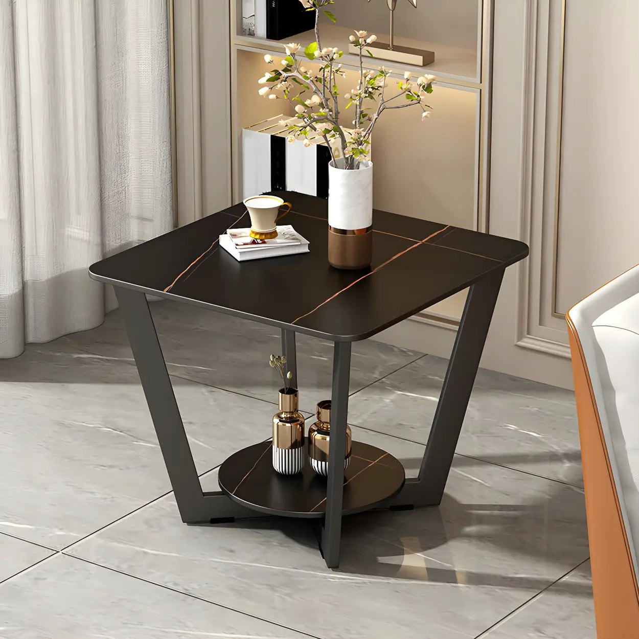 Square White Marble Cross-Leg End Table with Shelf — White / 2
