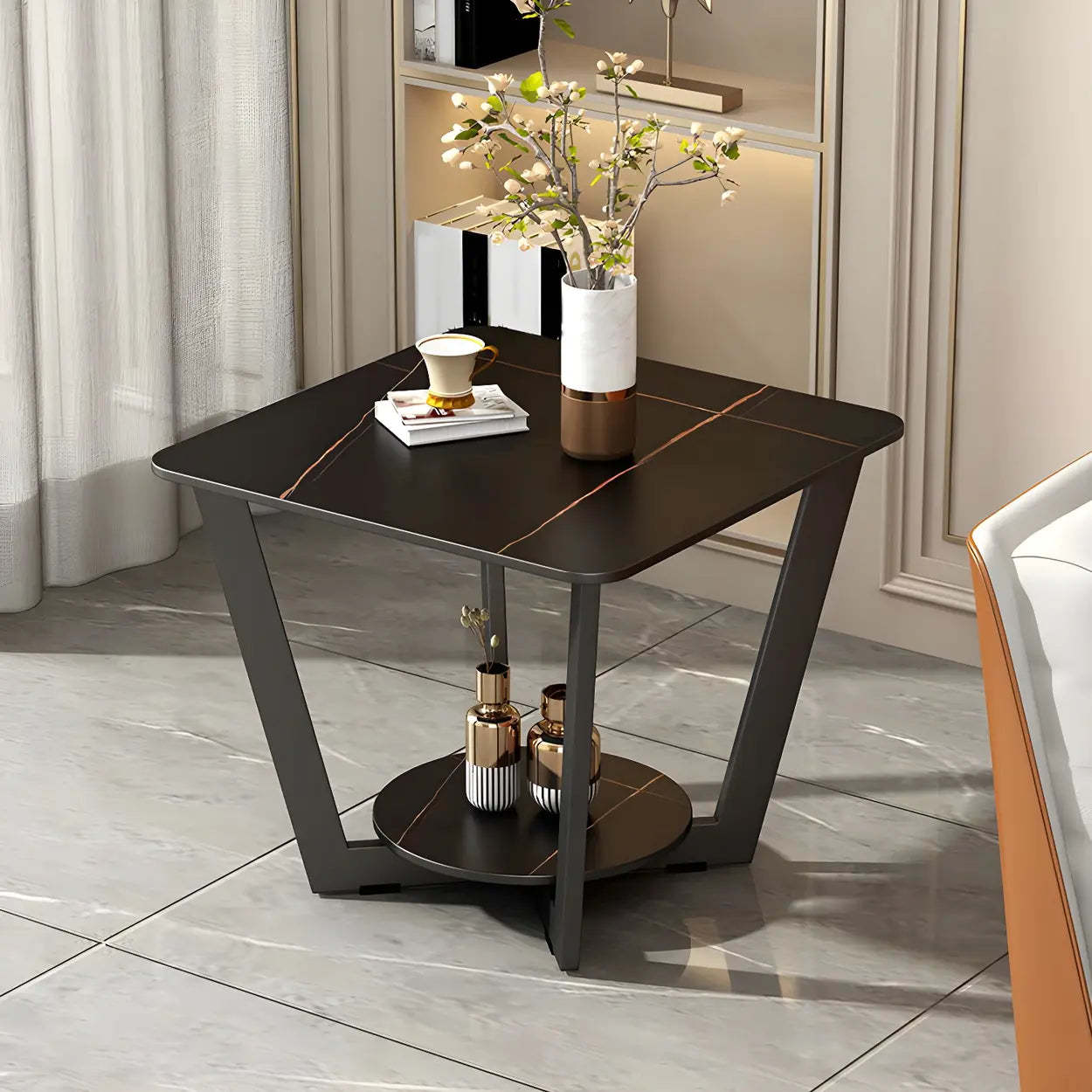 Square White Marble Cross-Leg End Table with Shelf — White / 2