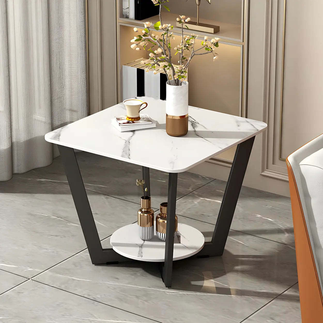 Square White Marble Cross-Leg End Table with Shelf — White/ Gold / 1