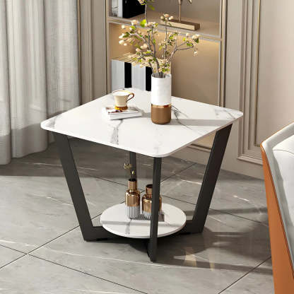 Square White Marble Cross-Leg End Table with Shelf — White/ Gold / 1