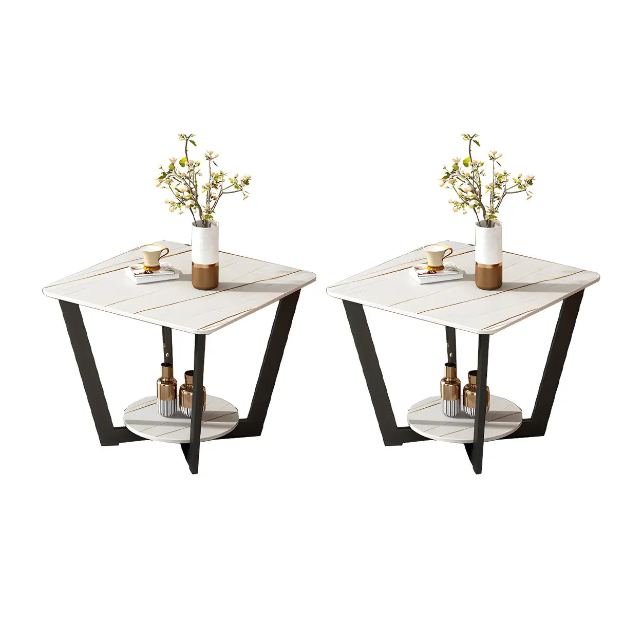 Square White Marble Cross-Leg End Table with Shelf — White/ Gold / 2