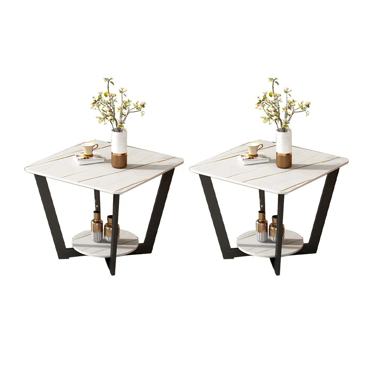 Square White Marble Cross-Leg End Table with Shelf — White/ Gold / 2