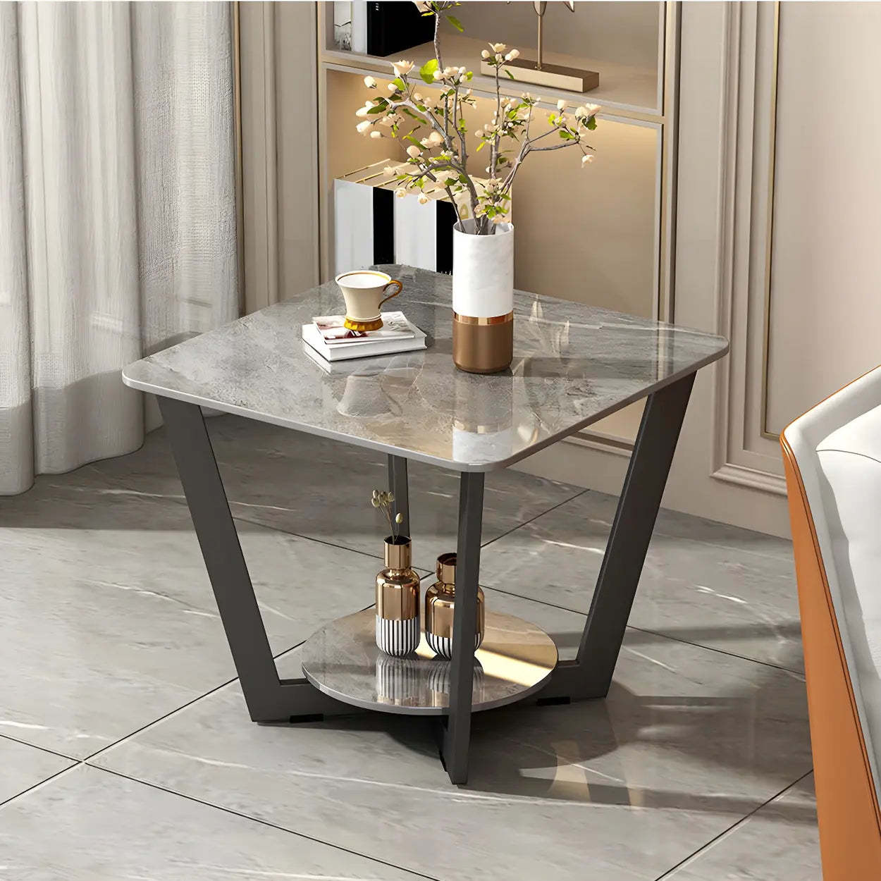Lighom cross-leg square marble coffee tables for bedroom — 19.7" L x 19.7" W x 19.7" H / Gray / Set of 1
