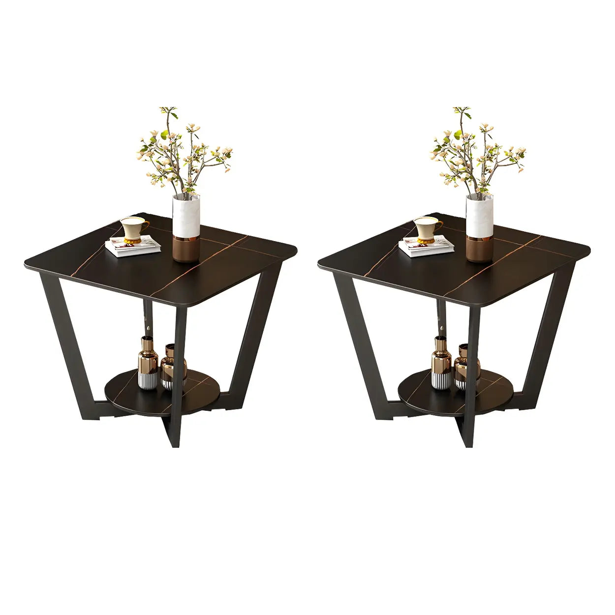 Square White Marble Cross-Leg End Table with Shelf — Black/ Gold / 2