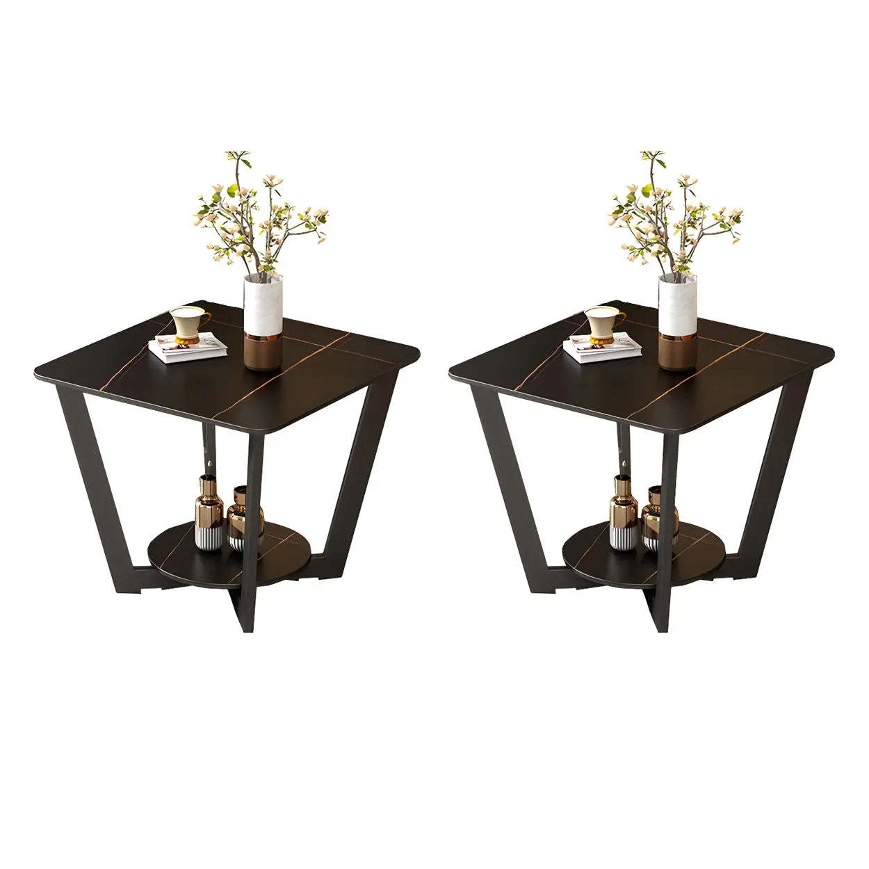 Square White Marble Cross-Leg End Table with Shelf — Black/ Gold / 2