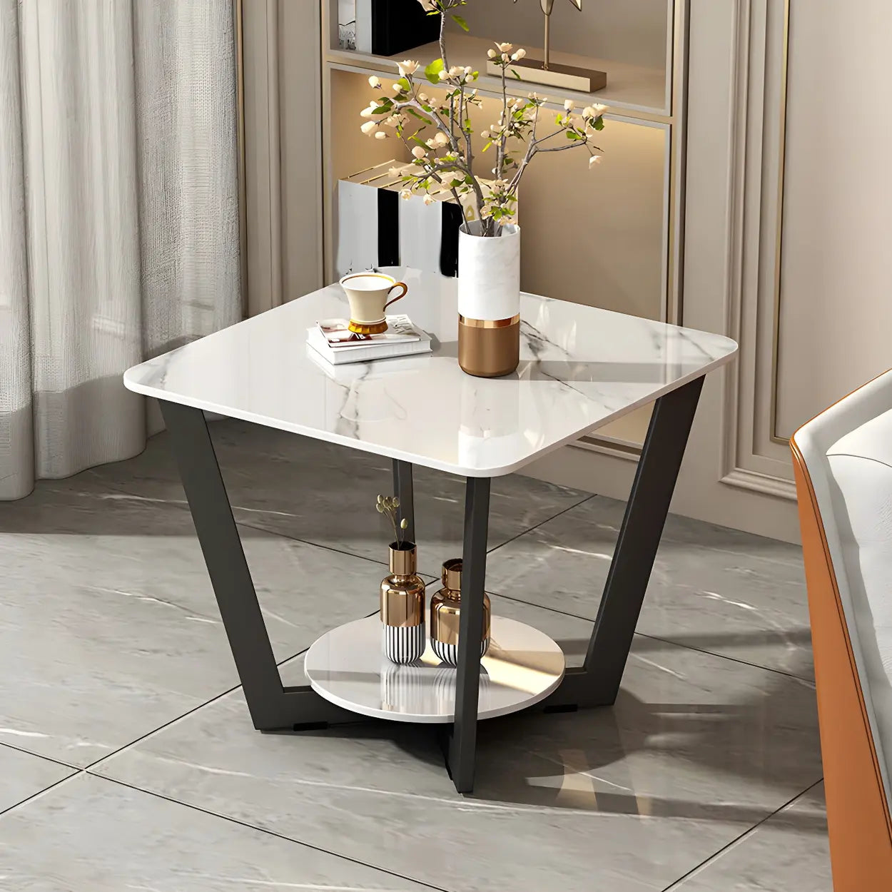Square White Marble Cross-Leg End Table with Shelf — Gloss White / 1