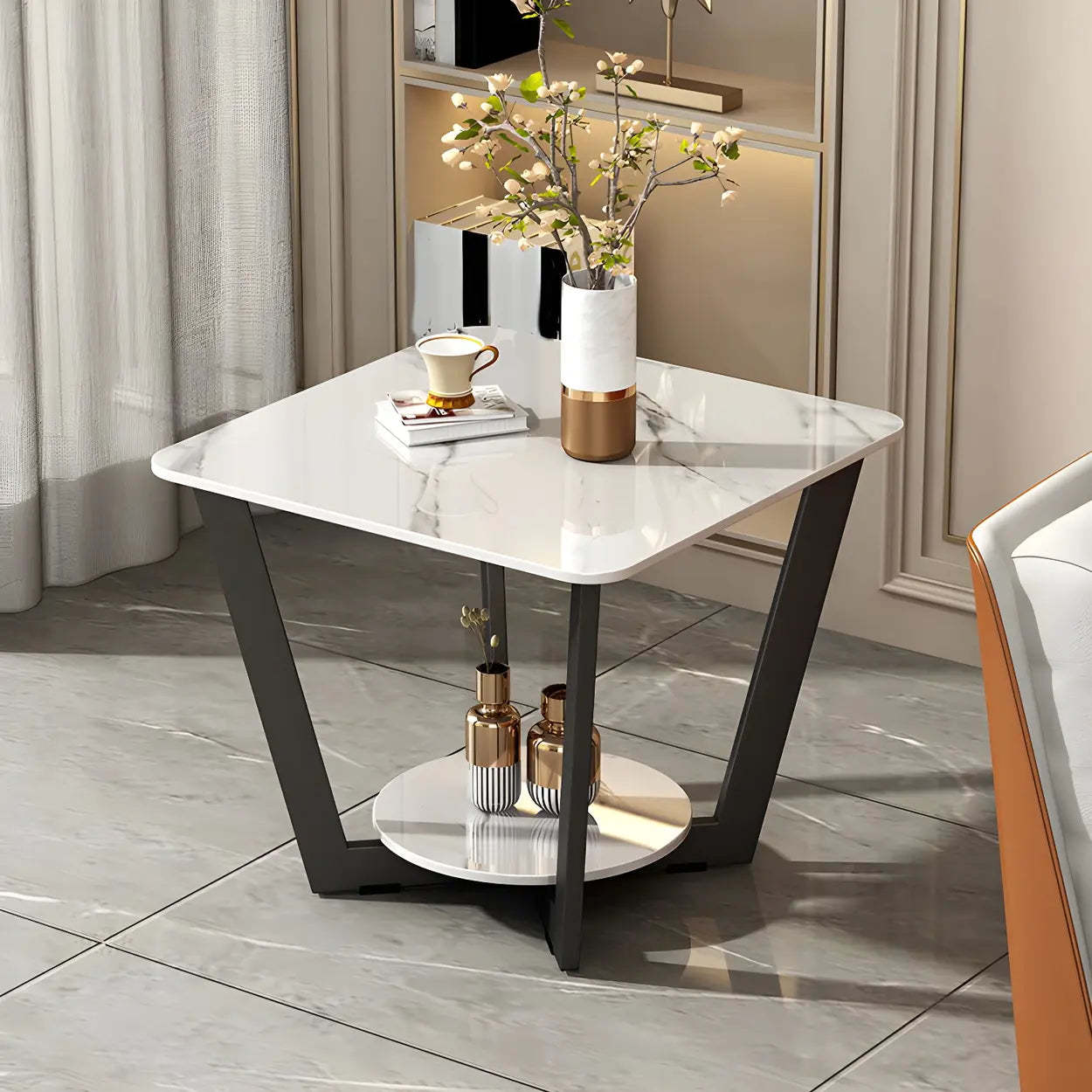 Square White Marble Cross-Leg End Table with Shelf — Gloss White / 1