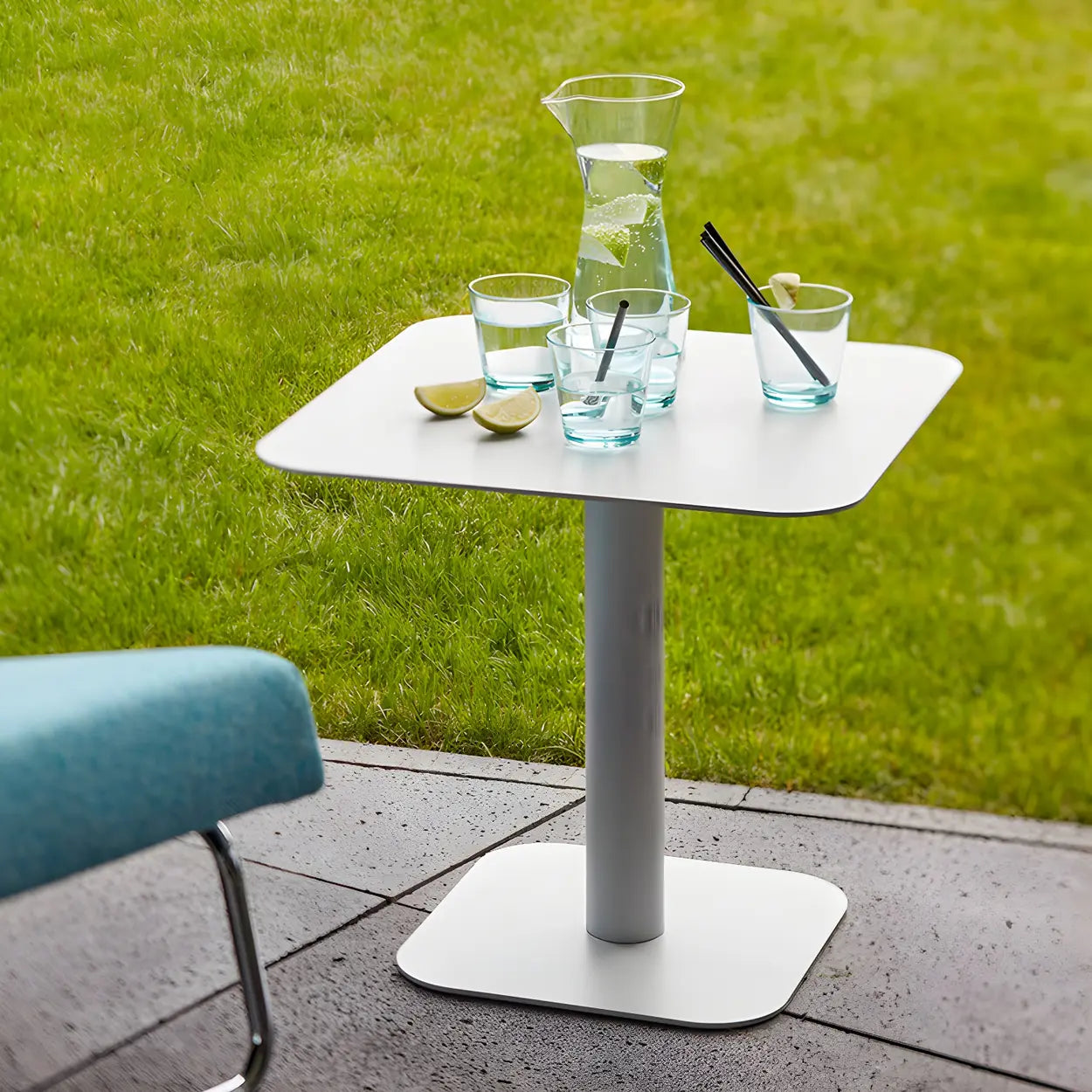 Square White Metal Pedestal Outdoor End Table — Black / 1