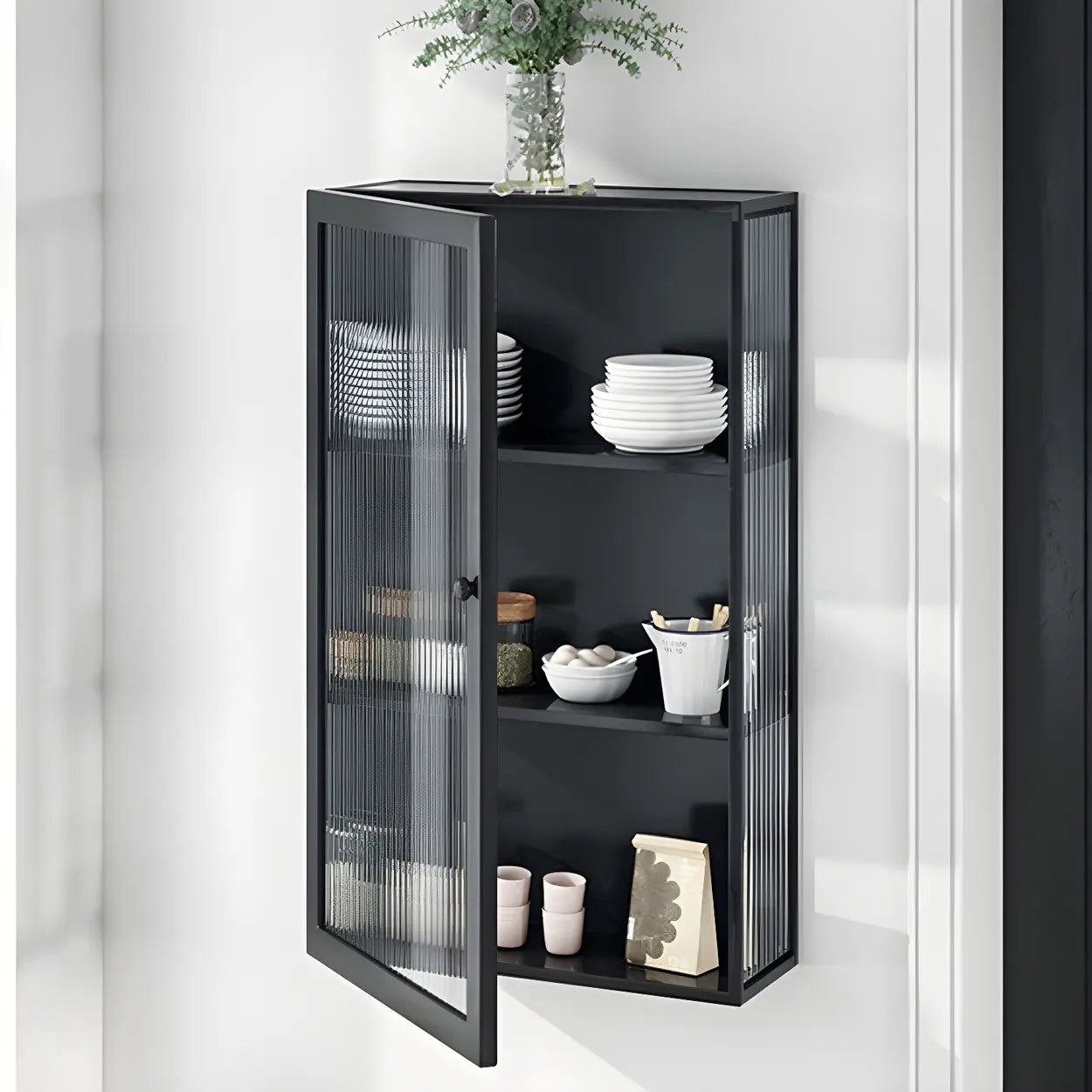 Black Square Metal Wall-Mount Dining China Cabinet