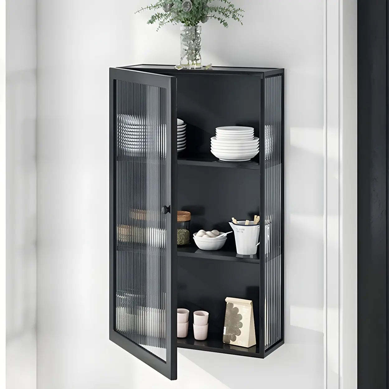 Black Square Metal Wall-Mount Dining China Cabinet — Black / Left