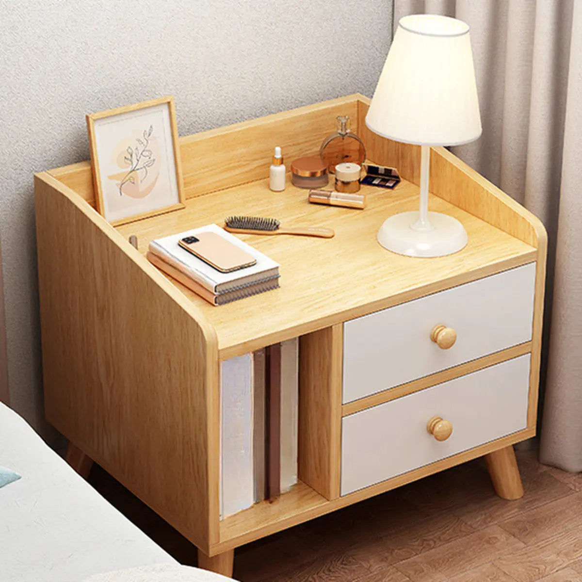 Warm White Square Wood Nightstand with Drawer and Shelves