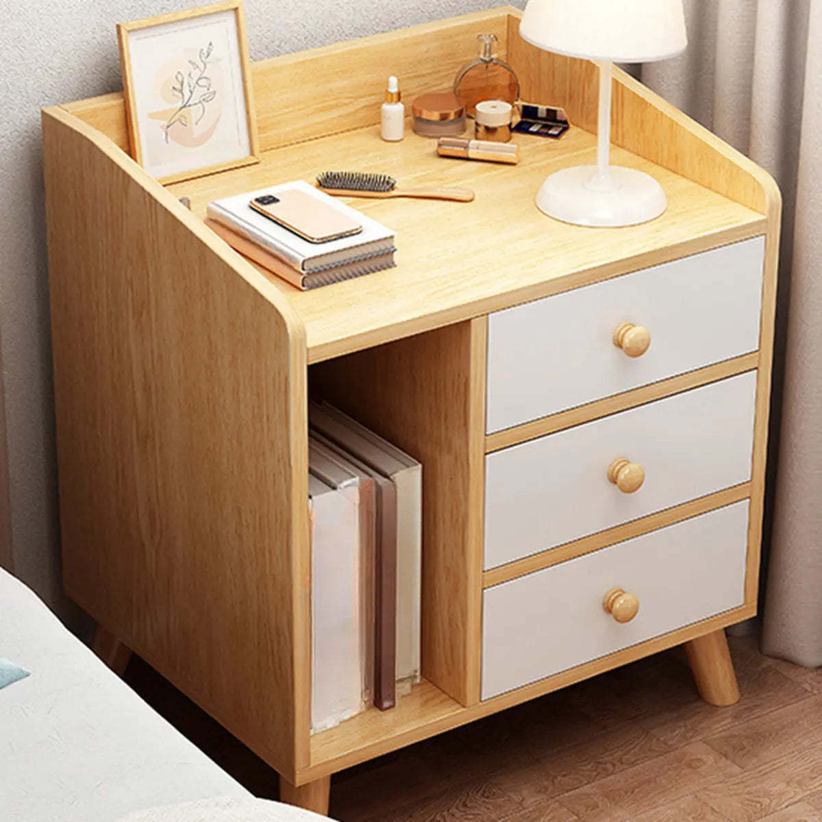 Warm White Square Wood Nightstand with Drawer and Shelves — White Oak / 2
