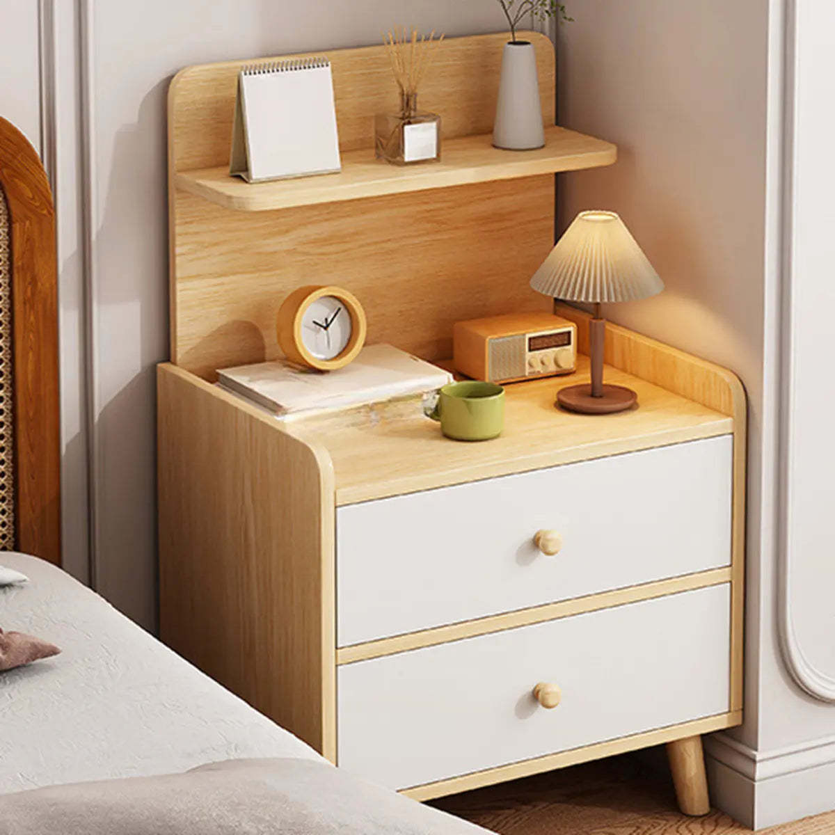 Warm White Square Wood Nightstand with Drawer and Shelves — White Oak / 3