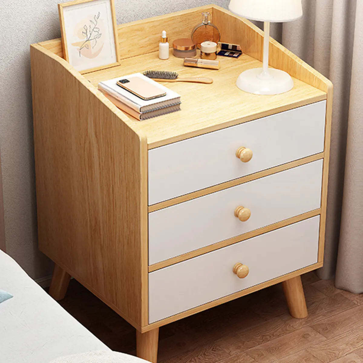 Warm White Square Wood Nightstand with Drawer and Shelves — White Oak / 3
