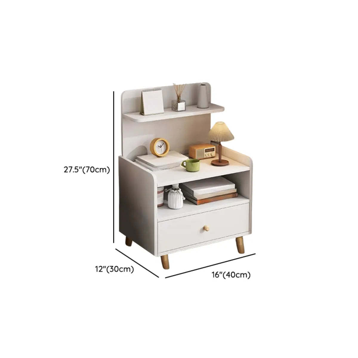 Warm White Square Wood Nightstand with Drawer and Shelves