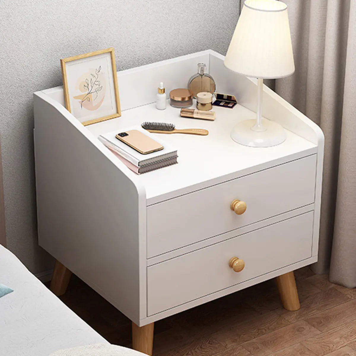 Warm White Square Wood Nightstand with Drawer and Shelves — Warm White / 1