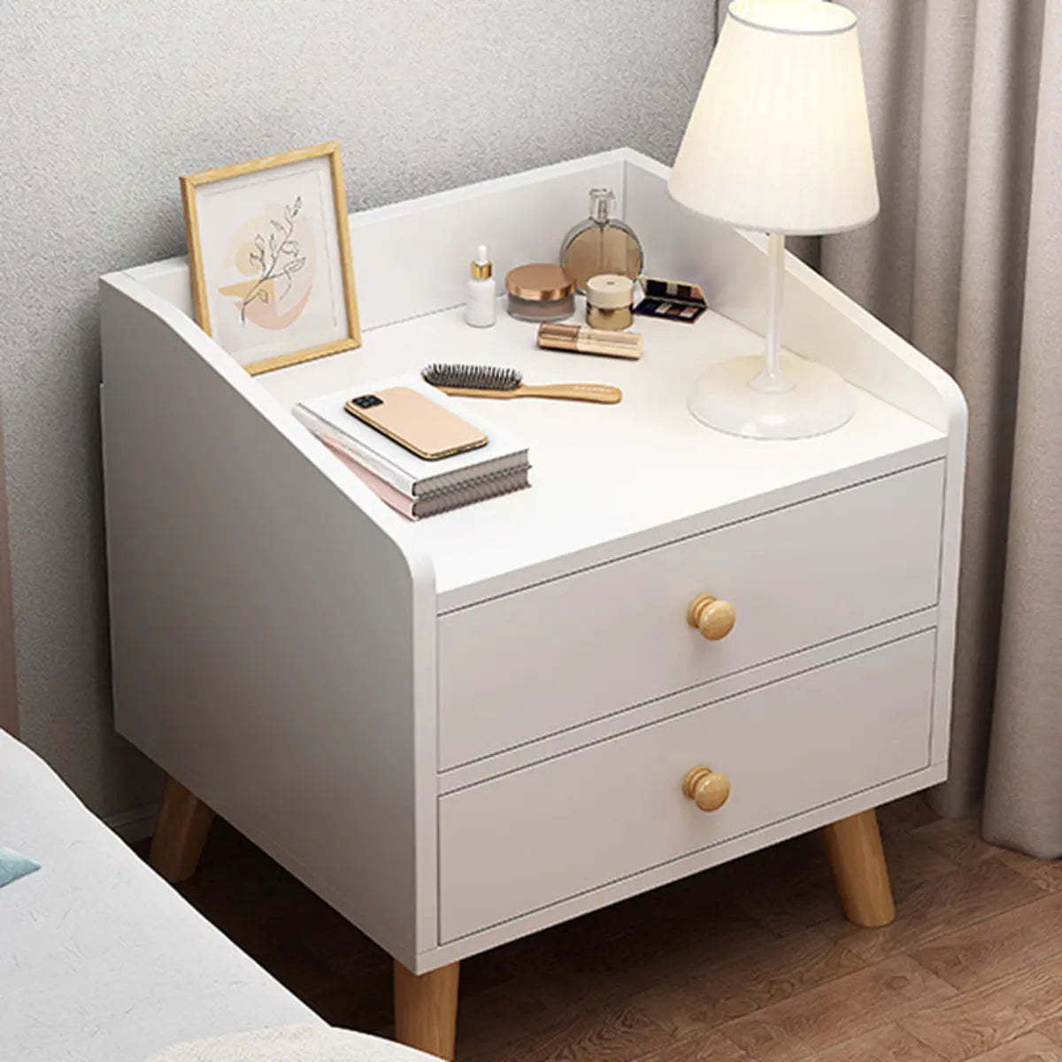 Warm White Square Wood Nightstand with Drawer and Shelves — Warm White / 1