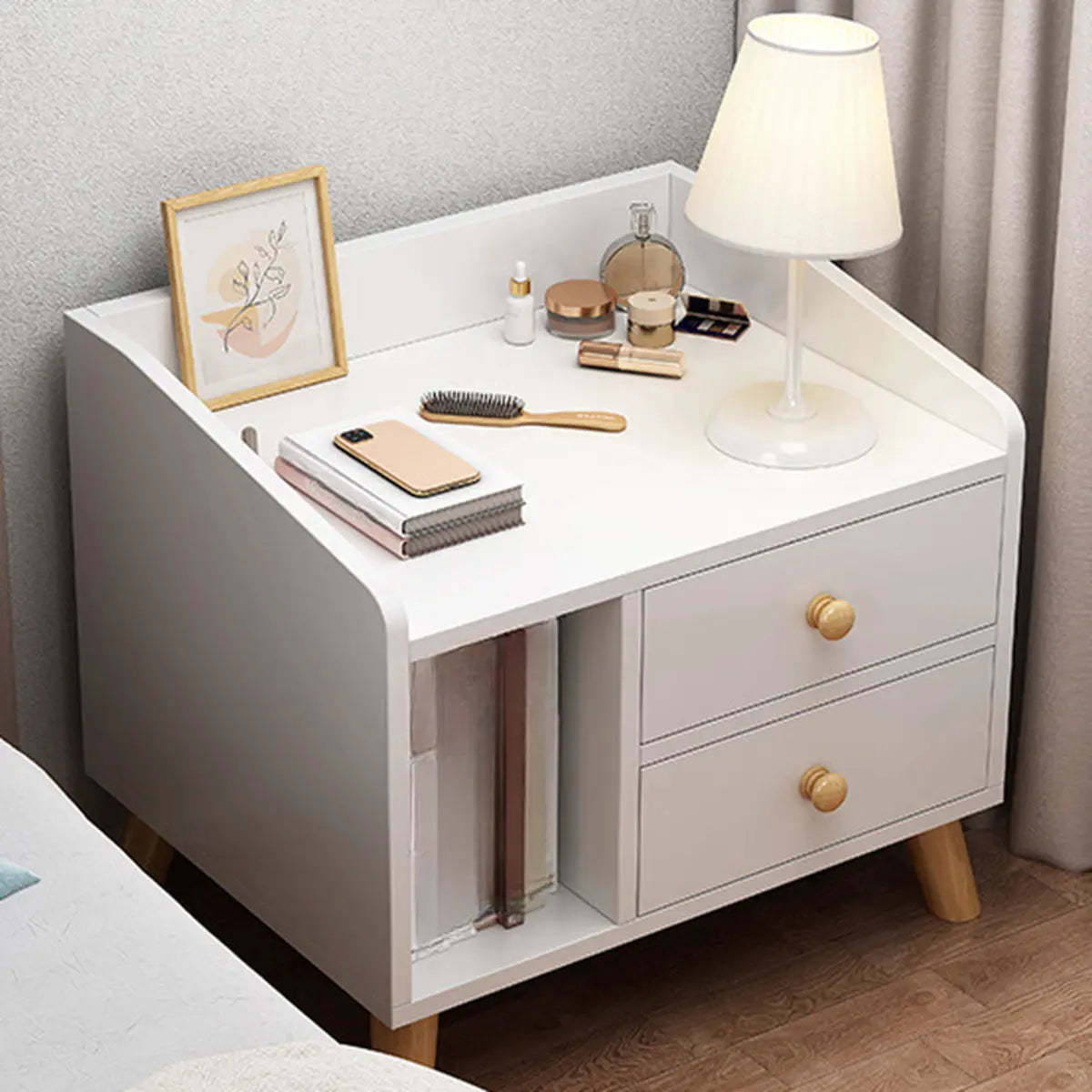 Warm White Square Wood Nightstand with Drawer and Shelves — Warm White / 2